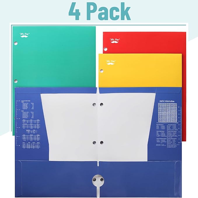Mr. Pen- 4 Pocket Folders, 4 Pack, Vibrant Colors, 3 Hole Punched, School Folders with Pockets for 3 Ring Binder