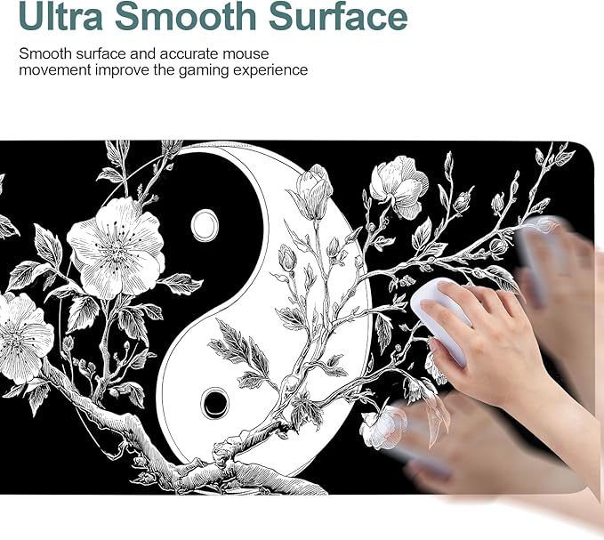 Yin Yang Cherry Blossom Gaming Mouse Pad 31.5"x11.8", Black and White Floral Large Desk Mat, Extended Keyboard Mousepad with Non-Slip Rubber Base, Stitched Edges Mouse Pads for Desk Home Office Gaming