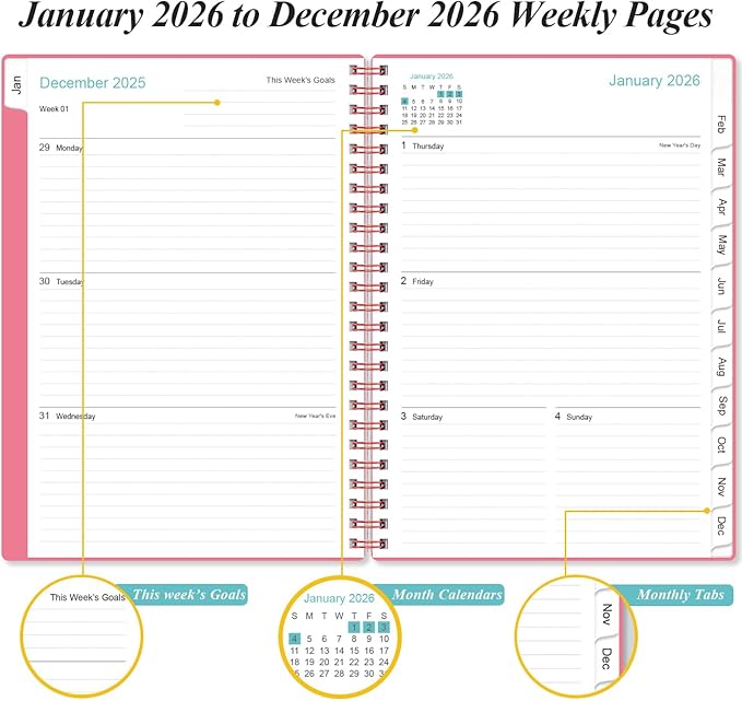 Planner 2026 - A5 Weekly & Monthly Planner Spiral Bound, January 2026 - December 2026, with Flexible Cover, Tabs, Inner Pocket, 6.4" x 8.5", Pink