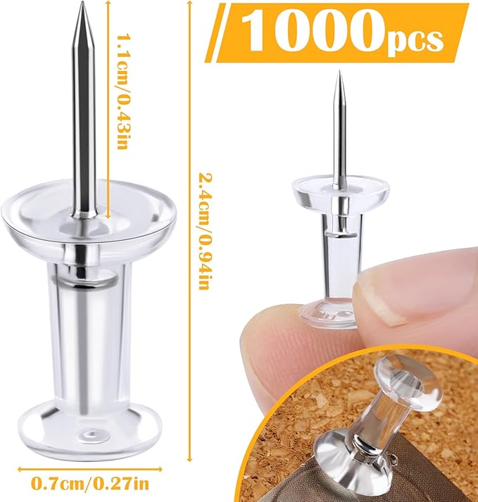 1000 Count Push Pins Tacks, Thumb Tacks with Clear Plastic Head and Steel Point for Wall, Clear Push Pins for Bulletin Board, Wall Hanging, Cork Board, Calendar, Photo, Home, Office, Craft Projects