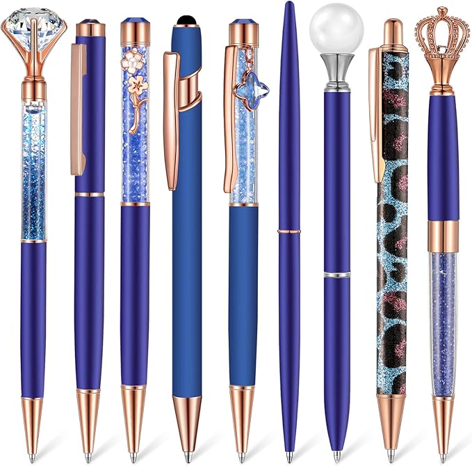 Janmini 9 Pcs Ballpoint Pens Set Metal Crystal Diamond Pen Glitter Pens for Journaling, Writing, Gifts, Women, Girls, Christmas, Birthday, Office Desk, Dark Blue