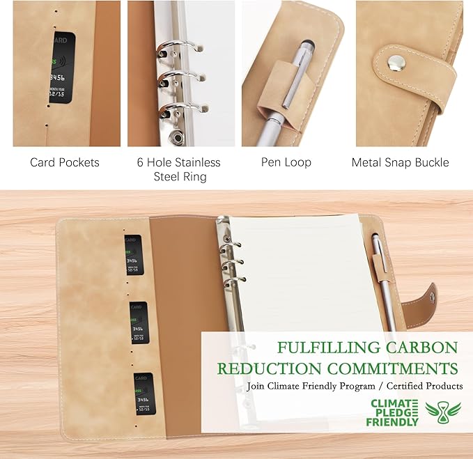 FYY A5 Binder Refillable Planner Notebook 6 Ring PU Leather Binder Journal with Pockets, Dividers, Refill Paper Khaki