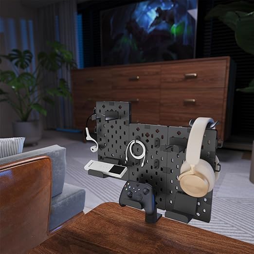 PEGZONE Modular Headphone and Controller Holder for Game, Clamp-on Pegboard, Rotatable Controller Stand with Cable Hooks, Gaming Accessory for Xbox PS5 PS4 Nintendo Switch, 3Pcs Pegboard, Black