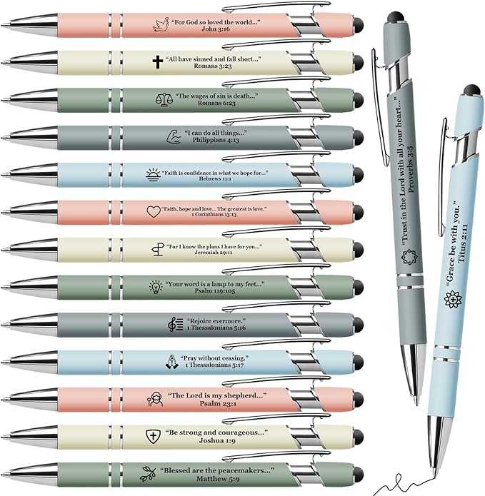 15 Pack Bible Verse Pens, Christian Inspirational Retractable Ballpoint Pens with Religious Scripture Quotes & Symbols, Smooth Writing Black Pens for Church, Gifts for Christians, MorandiColor