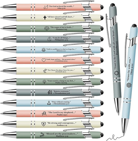 15 Pack Bible Verse Pens, Christian Inspirational Retractable Ballpoint Pens with Religious Scripture Quotes & Symbols, Smooth Writing Black Pens for Church, Gifts for Christians, MorandiColor