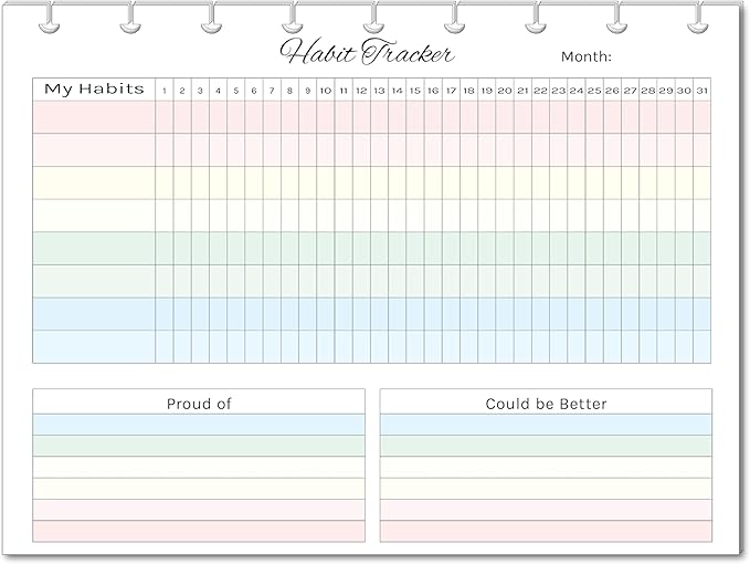 Horizontal Habit Tracker Inserts for 7, 9, 11 Disc | Mini, Classic, Skinny, Big, Letter, Junior Size Planners | Color or Black & White | Monthly Habit Log (Color, 9-Disc Classic)