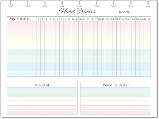 Horizontal Habit Tracker Inserts for 7, 9, 11 Disc | Mini, Classic, Skinny, Big, Letter, Junior Size Planners | Color or Black & White | Monthly Habit Log (Color, 9-Disc Classic)