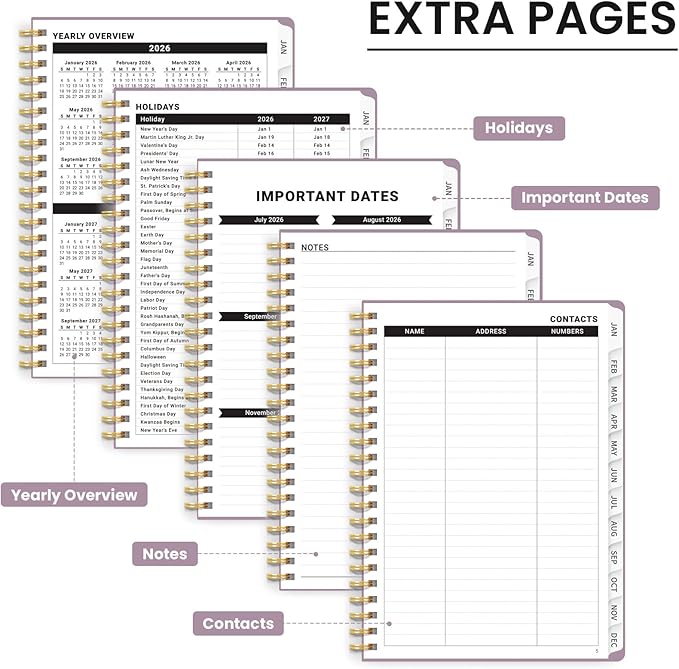 2026 Planner, Weekly and Monthly Calendar Planner, January 2026 - December 2026, Hardcover 2026 Calendar Book with Tabs For Women & Men, Inner Pocket, Spiral Bound, Perfect for Office Home School Supplies - A5 (6.3" x 8.5"), Boho Purple