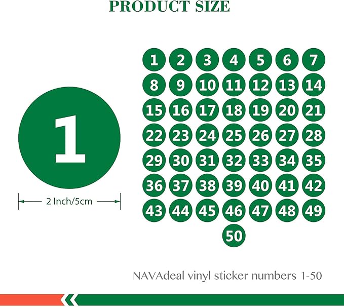 NAVADEAL 2" & 3” Round Number 1-50 Adhesive Stickers in Blue, Red, Black, Green - Inventory Storage Labels, Great for Marking Bins or Toolbox for Daily Use in School, Office, Workshop