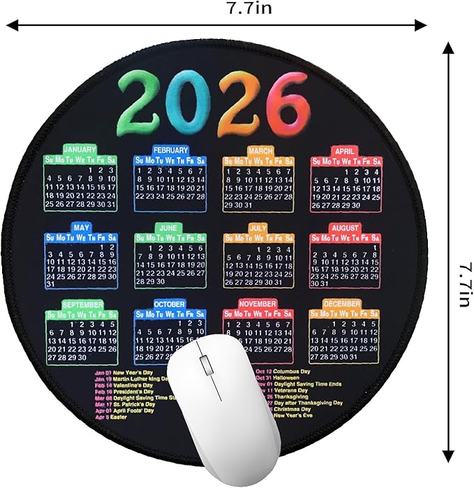 Mouse Pad with Stitched Edge, Black Mousepad, 2026 Calendar Pad, Computer Mouse Mat with Non-Slip Rubber Base (Round)