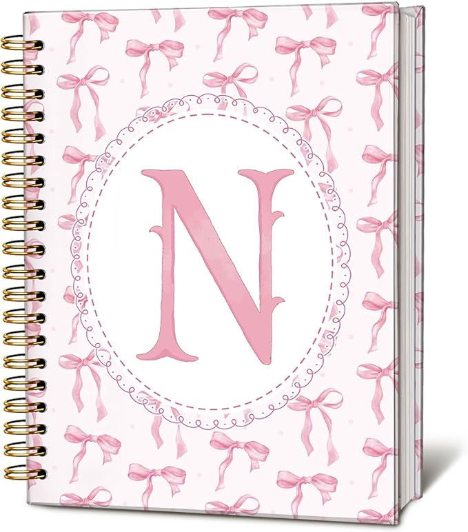 LIANGW Pink Bow Journal Notebook for Teen Girls,Initial N Journals Personalized Diary Gifts for Teen Girl Kids, Monogrammed Gifts for Women, Coquette Cute Hardcover Spiral Notebook 5.5 x 8.3