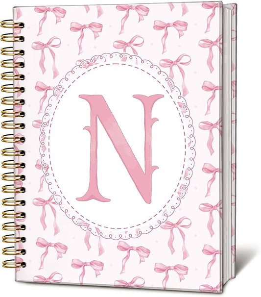 LIANGW Pink Bow Journal Notebook for Teen Girls,Initial N Journals Personalized Diary Gifts for Teen Girl Kids, Monogrammed Gifts for Women, Coquette Cute Hardcover Spiral Notebook 5.5 x 8.3