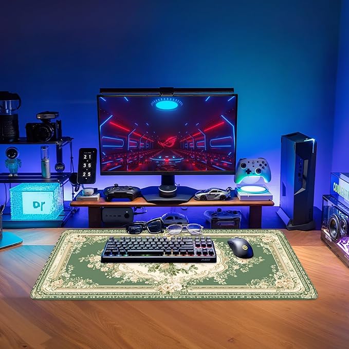 Blue Retro Extended Gaming Mouse Pad 31.5x11.8inches Large Desk Mat Anti-Slip Rubber Base & Durable Stitched Edges for Gamers Smooth Mouse Writing Surface for Desk Office/Home