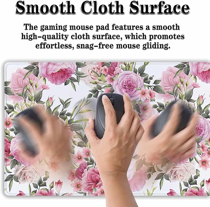 Keyboard Mouse Pad Pink Desk Mat for Women Extra Large Mouse Pads Office Accessories Gaming Mousepad Cool Mouse Pad Non-Slip Rubber Base 35.4" X 15.7" for Game Office, Roses Wreath