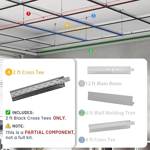 75 PCS 24 Inch Cross Tee Drop Ceiling Grid System, 2 Ft Galvanized Steel Rust & Fire Resistance Easy Installation, Ideal for Basement Living Room Garage Kitchen Bathroom Black