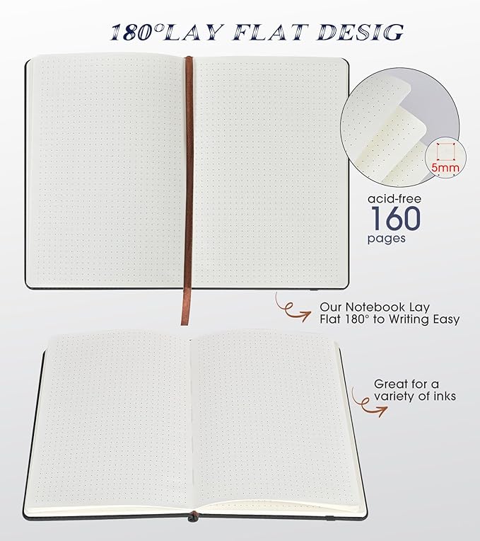 Biuwory Dotted Journal Notebook for Women Men, 160 Pages Hardcover Dot Grid Notebooks for Work, School & Travel, Leather Journals for Writing, Bullet Journaling 5.7"×8.3" (Black)