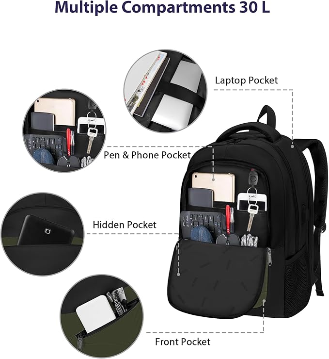 MATEIN 17 Inch Laptop Backpack for Work, Airline Approved Carry On Travel Backpack with USB Charging Port and Luggage Strap, Water Resistant College Computer Daypack Gifts for Men Women, Black Green