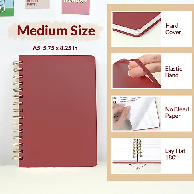 SUNEE Journaling Notebooks, A5 Lined Spiral Notebook for Women, 146 Pages College Ruled Hardcover Notebook for Work, Note Taking, Journaling and Office School Supplies, A5 -Burgundy