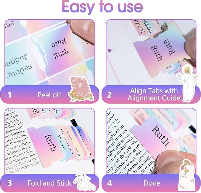 Bible Tabs with Acrylic Bookmark, Laminated Bible Tabs for Women Men, Christian Gifts, Large Print Bible Tabs for Easy Navigation, Bible Book Index Tabs Labels, Bible Study Supplies, Rainbow