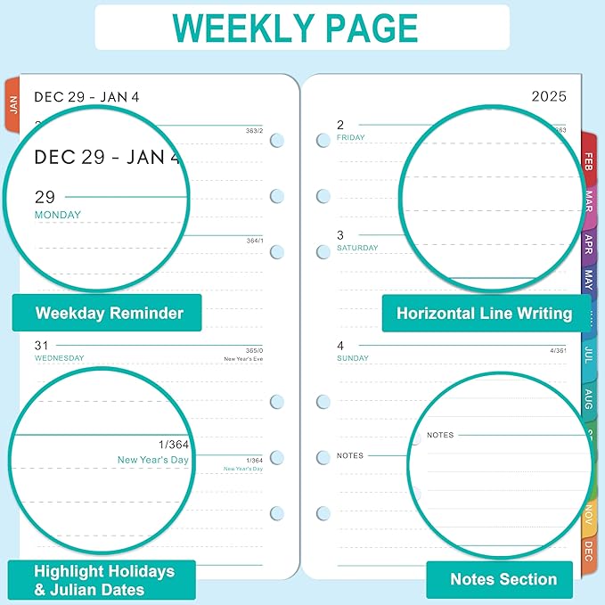 2026 Planner Refills - 4" x 7", A6 Weekly and Monthly Planner Inserts, Jan. 2026 - Dec. 2026, Planner Refills 2026, 6 Holes, Colorful Monthly Tabs