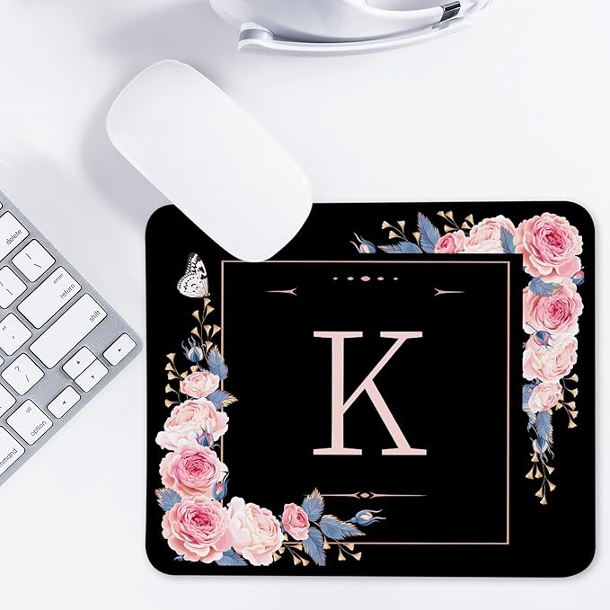 Letter K Black and Pink Flowers Square Mouse Pad, Mouse Pad with Stitched Edge and Non-Slip Rubber Base,Mouse Mat,Home Office Decor Desk Accessories,9.4x7.8x0.12 inch Square Mouse Pad