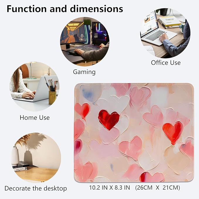 Pink Valentine Hearts Mouse Pad,Red Heart Desk Mat,Valentine's Day Mouse Pad For Dorm Home Office Decor,Valentine's Day Gift,10.2x8.3 Inch