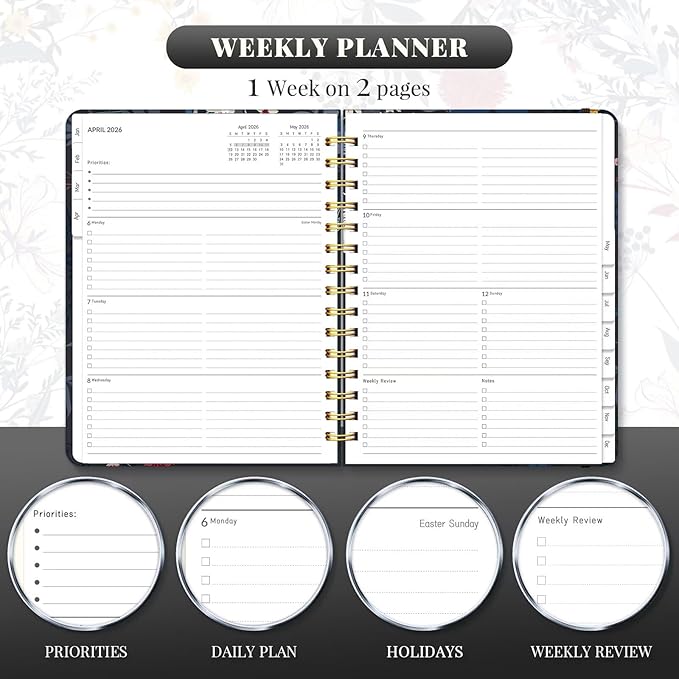 2026 Planner 8.5 x 11, Large Weekly and Monthly Planners with Tabs, A4 Spiral Bound Daily Calendar 2026 Planner, 12 Month Agenda Organizers from Jan. to Dec.(Black Bloss)