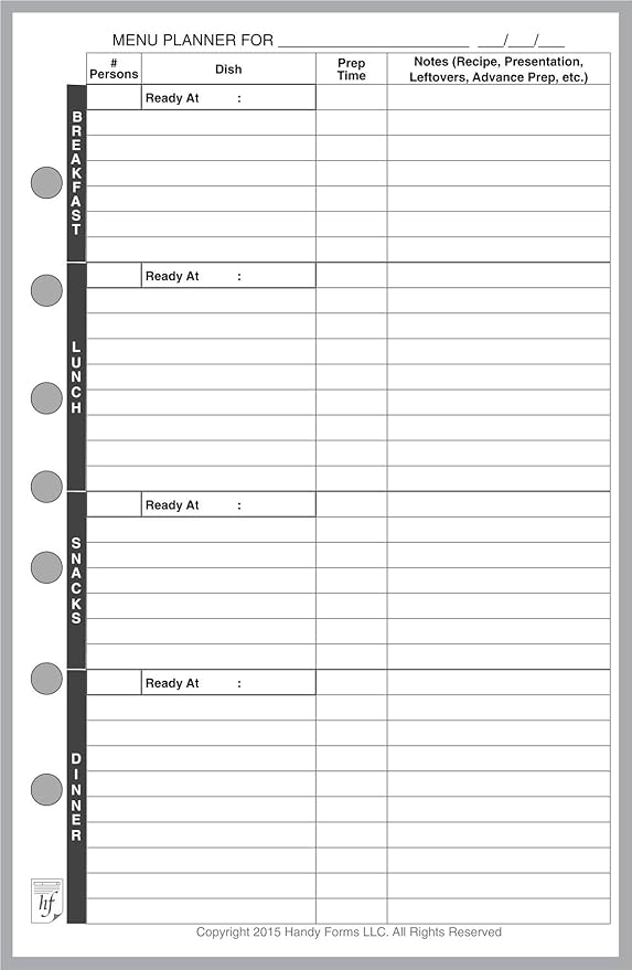 Classic Size Menu Planner and Shopping List, Sized and Punched with 7 Holes for 7-Ring Notebooks Such as Franklin, etc. (5.5" x 8.5")