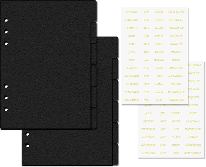 Koqye Leather Textured A5 6-Ring Binder Dividers with 6 Tabs, Black Paper Index Page Separators with Gold Stickers for Planner/Organizer (2 Set - 6 Tab with 1 Stickers)