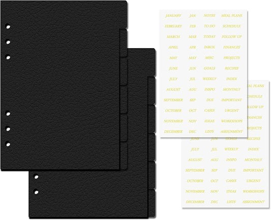 Koqye Leather Textured A5 6-Ring Binder Dividers with 6 Tabs, Black Paper Index Page Separators with Gold Stickers for Planner/Organizer (2 Set - 6 Tab with 1 Stickers)