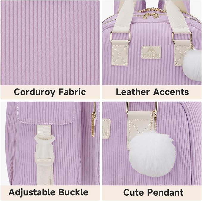 MATEIN Cute School Backpack for Teens Girls, 15.6 Inch Kawaii College Backpack Corduroy Computer Bookbag with USB Charging Port, TSA Lightweight Laptop Back Pack Aesthetic Preppy Kids Students, Purple