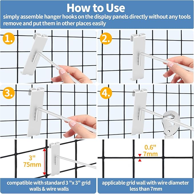 20Pcs Gridwall Hooks, Metal Grid Panel Hanging Peg Hooks, Grid Wall Accessory for Clothes Storage, Home Organization, Retail Display (White, 4"/10Cm)
