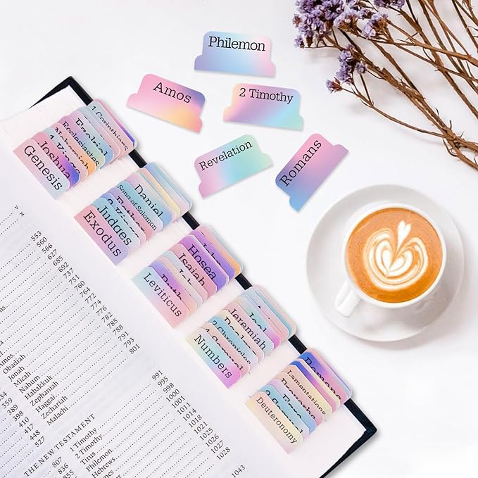 Bible Tabs with Unique Stickers, Laminated Bible Tabs for Women & Men, Christian Gifts, Large Print Bible Tabs for Easy Navigation, Bible Book Index Tabs Labels, Bible Study Supplies, Rainbow BLT1