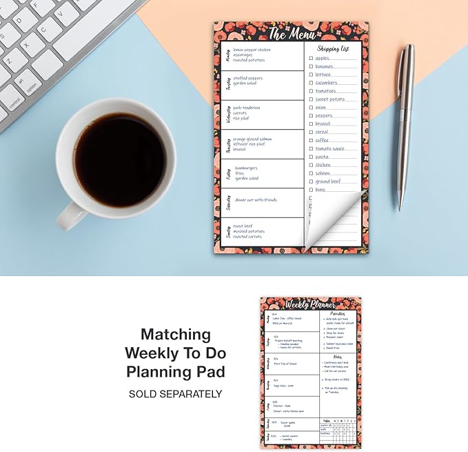 Global Printed Products 6" x 9" Vertical Meal Planning Pad, 60-Sheets, Peach & Pink Floral