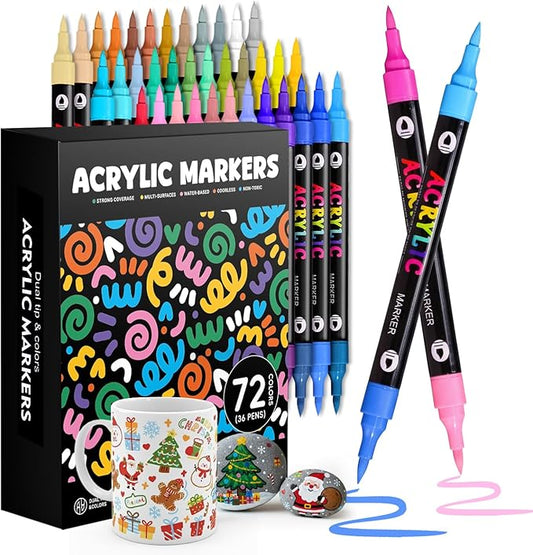 WINSONS 72 Colors Acrylic Paint Marker, Dual Tip and Dual Colors Acrylic Paint Pens for Stone, Wood, Canvas, Ceramic, Metal, Glass, Rock Painting, DIY Crafs Art Supplies (72 Colors)
