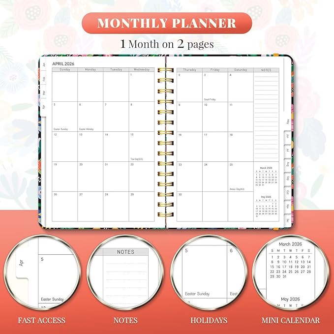 2026 Planner, A5 Weekly and Monthly Planners with Tabs, Spiral Bound Daily Calendar 2026 Planner, Agenda Organizers from Jan. to Dec., Hardcover Habit Tracker Journal 6.18" x 8.5"(Pink Bloss)