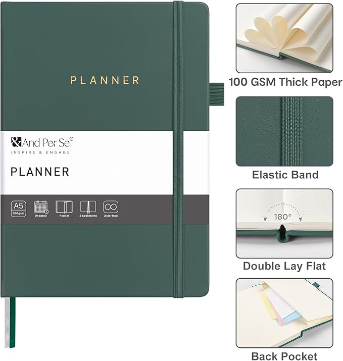 And Per Se Undated Planner – A5 Leather Hardcover Weekly & Monthly Goal Planner for 72 Weeks (1.5 Years) – with Goal & Habit Tracker (Forest Green)