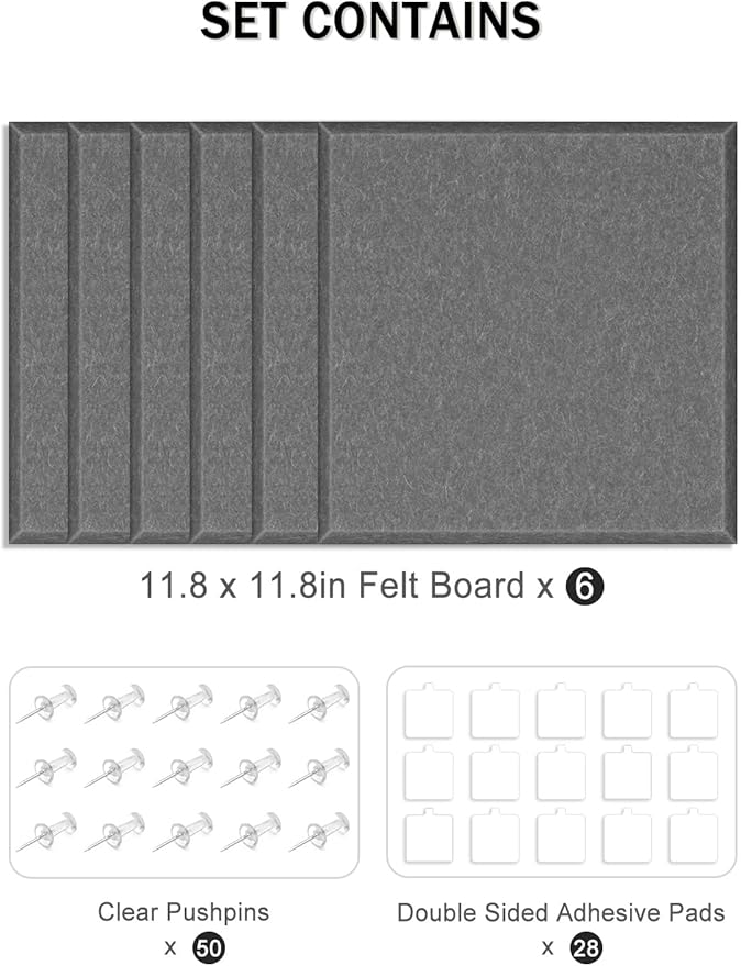 Hsurbtra Large Cork Board for Wall 36 x 24 Inch, 6 Pack Felt Bulletin Notice Board with Pushpins for Office Home School Farmhouse Wall Decor, Dark Gray