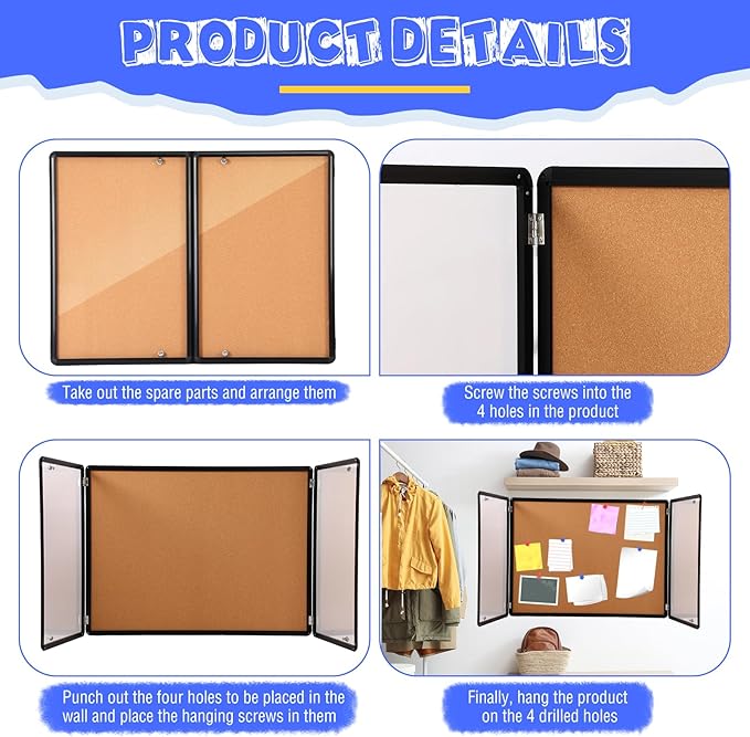 48"x36" Enclosed Bulletin Board Weather Resistant Lockable Outdoor Cork Fabric Display Board Aluminum Frame Wall Mounted 2 Locking Door for Office School Commercial 12xA4(Brown, Black Frame)