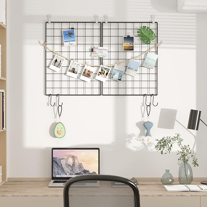 C&AHOME Photo Wall Grid Panel Set of 2, Decor Grid Panel, Photo Display Shelves, Hooks, Clips, Hemp Cord, Hammer, 15.7" 11.8", Black UWWGM3402B