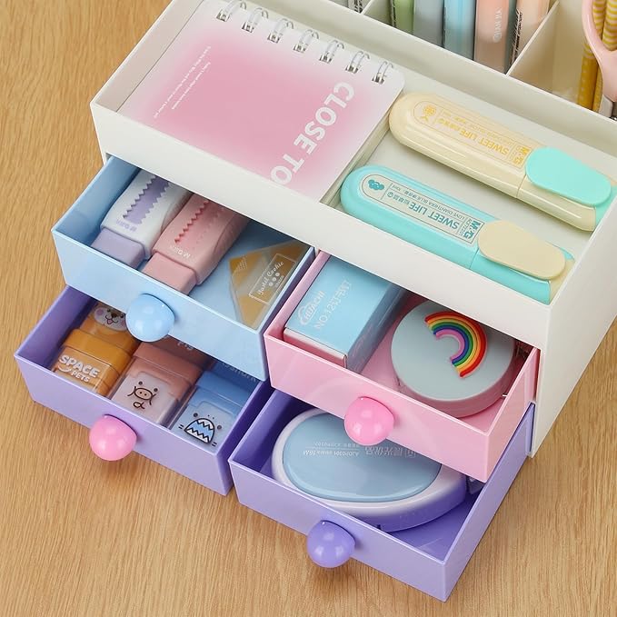 LETURE Desk Organizer with Drawer, Desktop Accessories Stationary Organizer Desk Caddy, Pen/Pencil/Business Card/Sticky Note Tray/Paperclip Holder Storage Box (Colorful A)