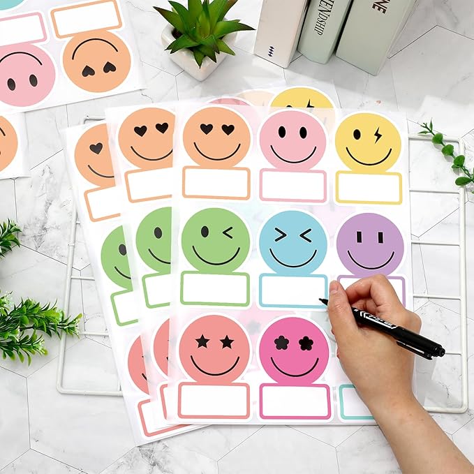 Whaline 135Pcs Pastel Smile Face Name Tag Stickers 9 Designs Nameplate Stickers Cute Classroom Bulletin Board Decoration Label Decal for Office Desk Wall Decor