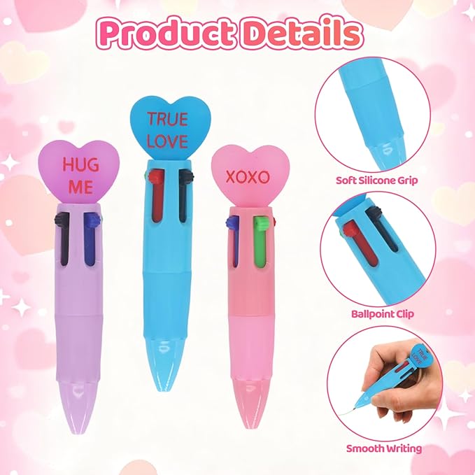 Valentine's Day Pens Mini Multicolor Pens in One 4-in-1 Cute Heart Pen Bulk for Party Favors Fun Kawaii Cool Ballpoint Pen for Birthday Valentines Classroom Gifts (Valentine, 24)