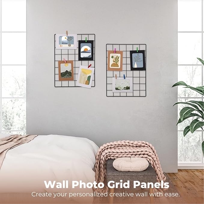 Lnrueg Wire Wall Grid Panel with Wall Grid Shelf with Photo Frames for Photo Display, Metal Mesh Message Board Memo Boards, Heavy Duty Gridwall Display Rack for Art Retail Display (Black-A)