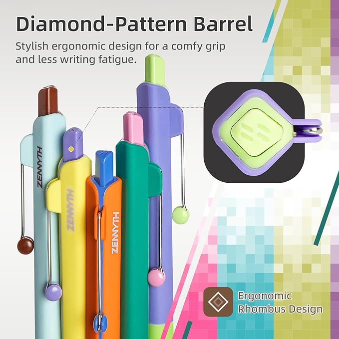 Gel Pens, 5 Pcs 0.5mm Black Ink Fine Point Pens Quick-Drying Retractable Pens with Diamond-Shaped Barrel, Smooth Writing Pens for Journaling & Note Taking (5 Pcs Z3 Color-Block)