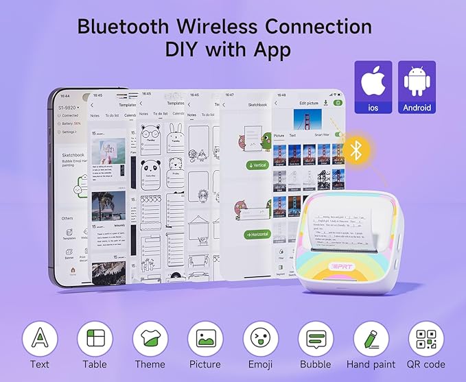 iDPRT Mini Printer with 1 Roll Sticker Paper, Portable Sticker Machine Efficiently and Quickly, DIY, Label, Rainbow