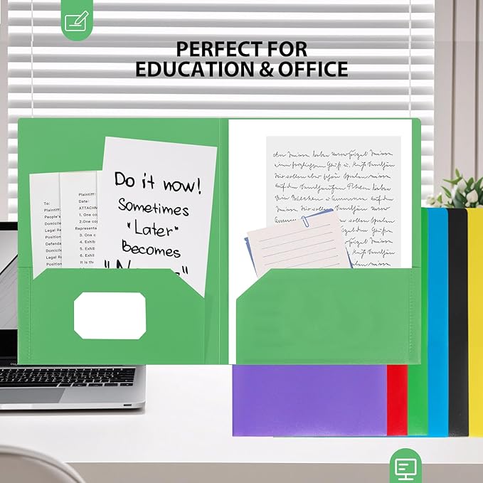 Plastic Folders with Pockets, 6 Pack Document Folders with Business Card Slot, 2 Pocket Folders Back to School Supplies for Kids, Office