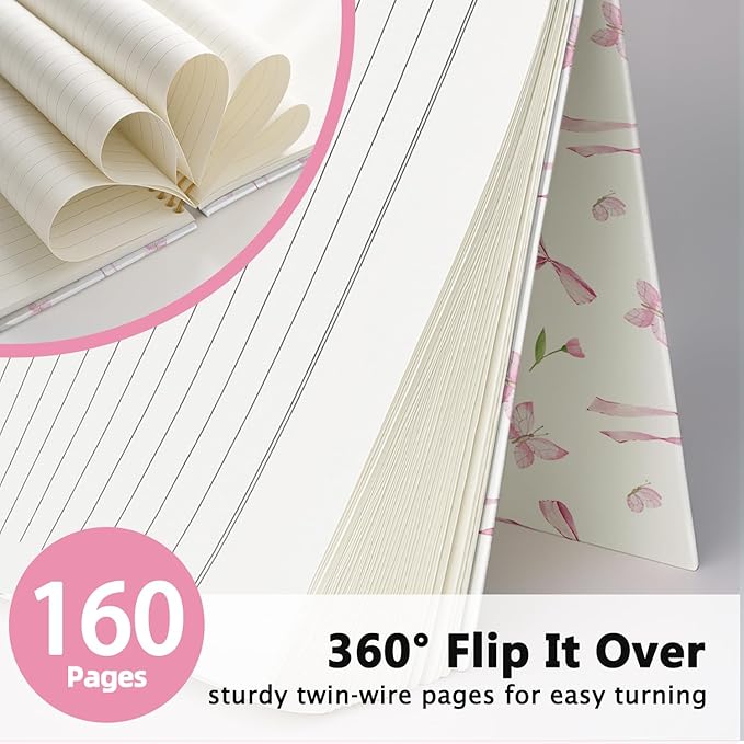 Pink Bow Floral Journal, Floral Botanical Notebook,Preppy Gifts for Women, Hardcover Spiral Notebook 80 Sheets -160 Pages 5.5x8.3 Inch