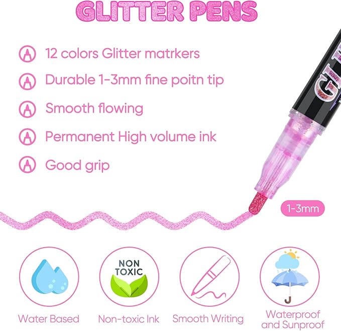 Glitter Marker Pens,12 Colors Self-Shimmer Metallic Markers,Glitter Paint Pens DIY Crafts Greeting Birthday Cards, Making Poster,Album,Scrapbooking,Wood，Mugs