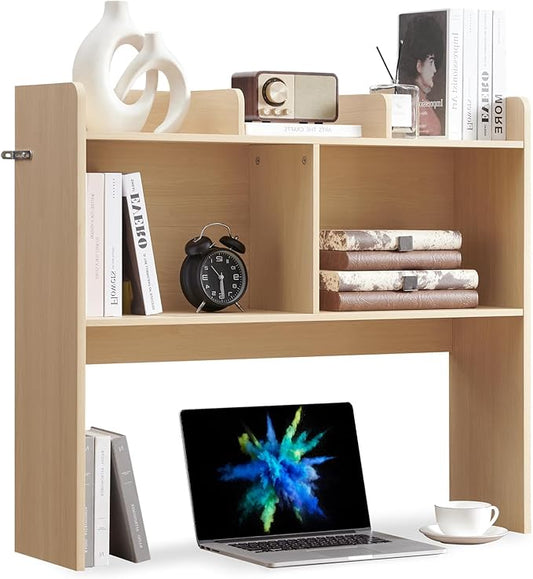 Desktop Bookshelf, Wooden Desk Storage Hutch with 5 Shelves, 3-Tier Desktop Display Organizer Rack for Office Home (Natural, 5 Shelves B)